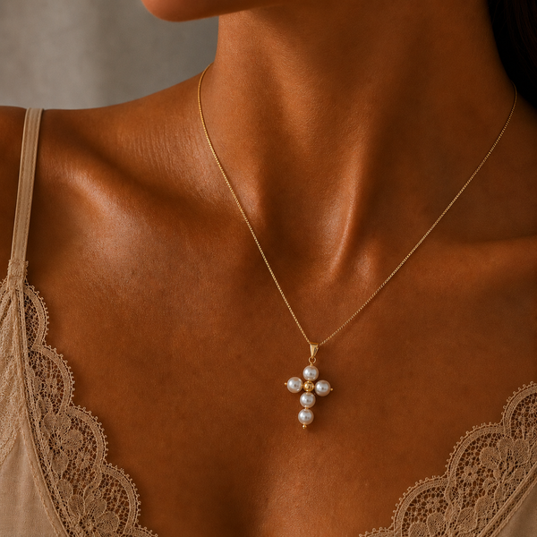 Gold Pearl Cross Necklace