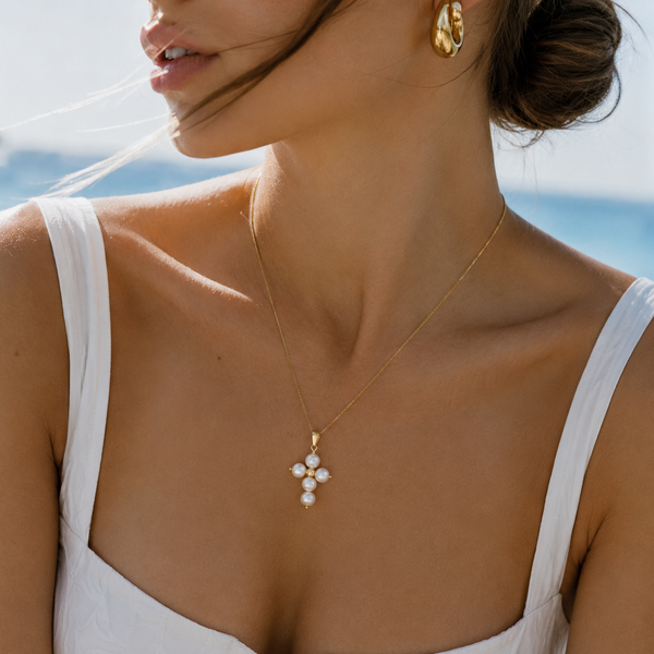 Gold Pearl Cross Necklace
