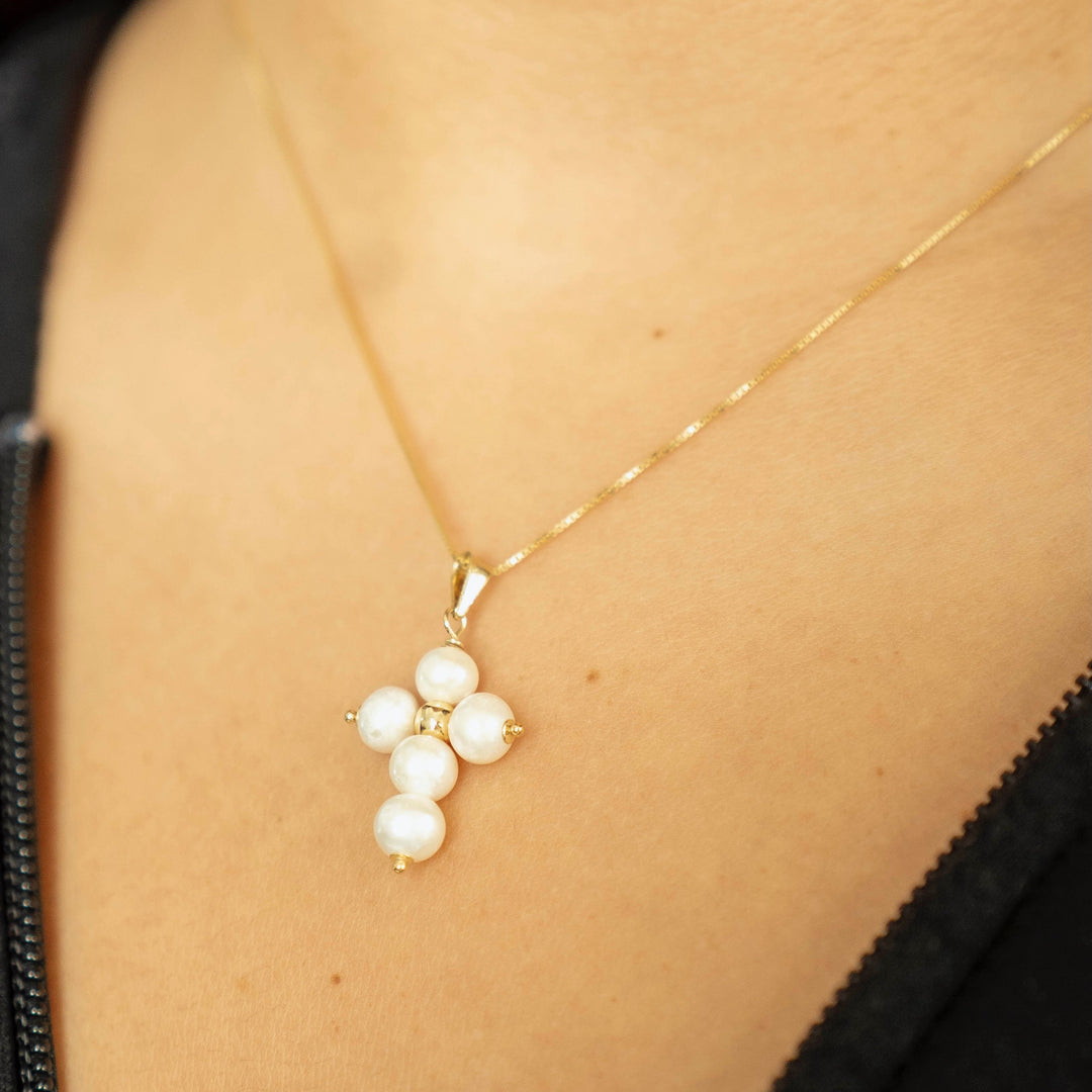 Gold Pearl Cross Necklace
