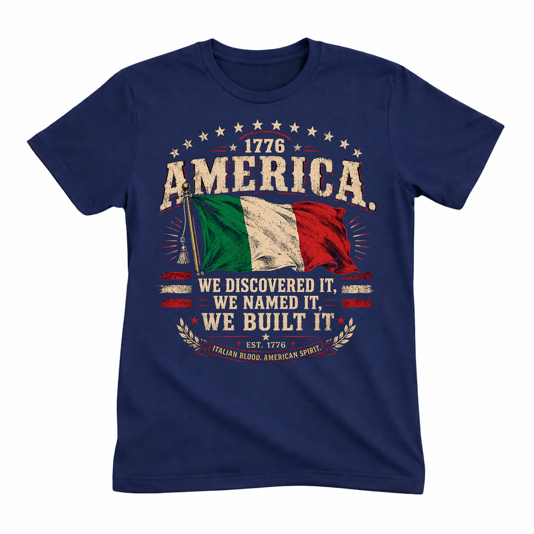 Navy blue t-shirt with Italian flag graphic and text on a white background
