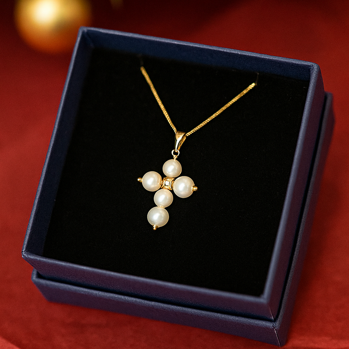 Gold Pearl Cross Necklace